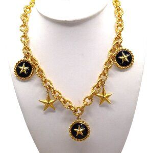 Textured Links Bib Necklace with Dangling Star Charms, Gold Tone and Navy Blue